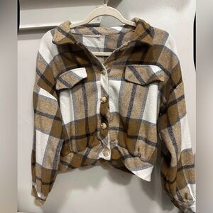 Plaid Button-Front Shacket in Brown & Ivory Medium